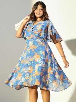SHOWOFF - Women's Blue Floral Fit and Flare Knee Length Dress