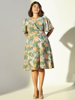 SHOWOFF - Women's Green Floral Fit and Flare Knee Length Dress