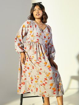 SHOWOFF - Women's Grey Floral Fit and Flare Midi Dress