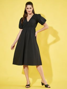 ANVI Be Yourself - Women Solid Black V Neck Puff Sleeve Empire Poplin Midi Dress