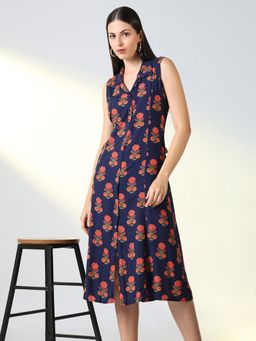 SHOWOFF - Women's Navy Blue Floral A-Line Midi Dress