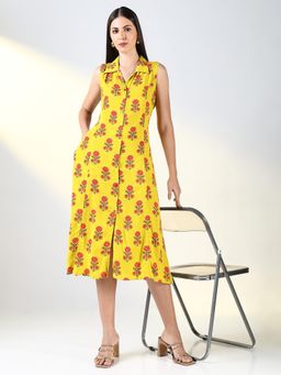 SHOWOFF - Women's Yellow Floral A-Line Midi Dress