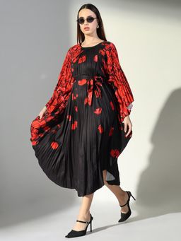 SHOWOFF - Edition Women's Black Floral Kaftan Midi Dress with Fabric Belt (Set of 2)