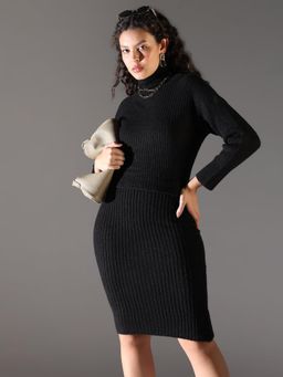 SHOWOFF - Women's Black Solid Knee Length Dress with Upper Top (Set of 2)