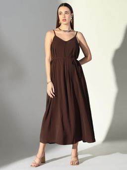 SHOWOFF - Edition Women's Brown Solid Fit and Flare Dress with Tie Up