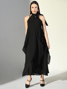 SHOWOFF - Edition Women's Black Solid A-Line Dress with Drape Over (Set of 2)