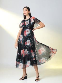 SHOWOFF - Women's Black Floral A-Line Midi Dress (Set of 2)