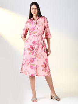 SHOWOFF - Women's Pink Floral A-Line Midi Dress with Fabric Belt (Set of 2)