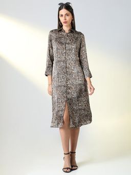 SHOWOFF - Women's Brown Animal Print Shirt Midi Dress