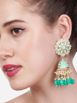 Zaveri Pearls - Green Meenakari Floral Design Kundan Jhumki Earring-ZPFK13186