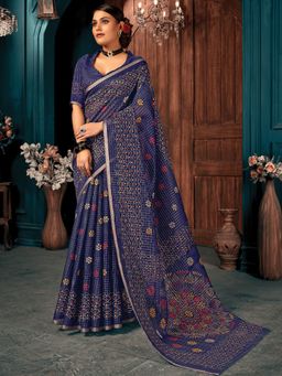 EXCLUSIVA - Blue Cotton Saree with Unstitched Blouse