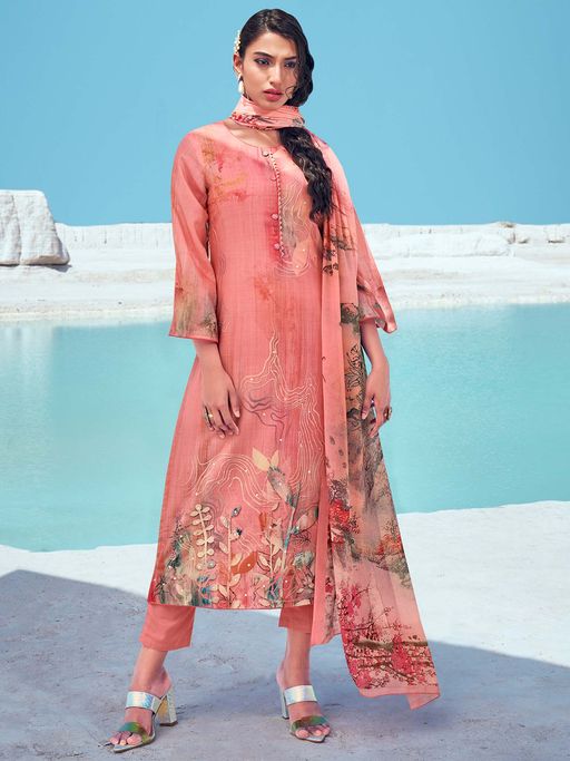 Buy Stylee LIFESTYLE Peach Cotton Digital Printed Dress Material Online