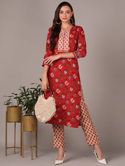 Vaamsi - Women Red Cotton Blend Floral Printed Straight Kurta with Pant (Set of 2)