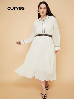 max - Women Pleated A-Line Midi Dress with Belt
