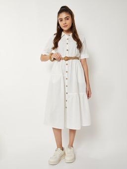 max - Women Solid Belted Shirt Midi Dress with Belt