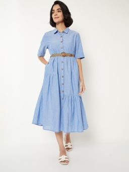 max - Women Solid Shirt Midi Dress with Belt