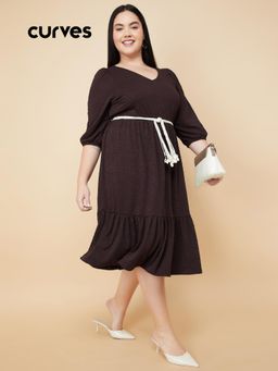 max - Women Floral Textured Midi Dress with Belt