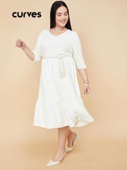 max - Women Floral Textured Midi Dress with Belt