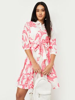 max - Women Floral Print Shirt Mini Dress with Belt