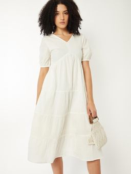 max - Women Seersucker Tiered Midi Dress