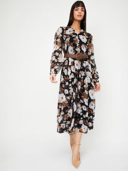 max - Women Floral Print Midi Dress with Belt