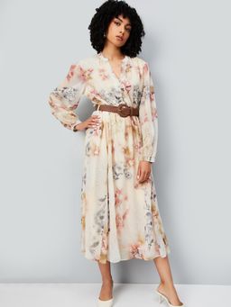 max - Women Floral Print Midi Dress with Belt