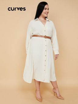 max - Women Textured Belted Shirt Midi Dress with Belt