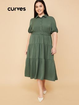 max - Women Textured Tiered Midi Dress with Belt