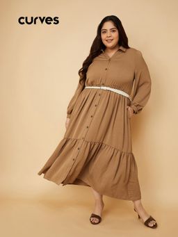 max - Women Textured A-Line Tiered Shirt Midi Dress with Belt