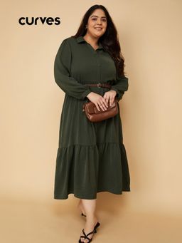 max - Women Textured A-Line Tiered Shirt Midi Dress with Belt