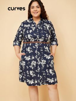 max - Women Floral Print Shirt Knee Dress with Belt