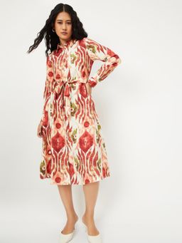 max - Women Printed Shirt Midi Dress with Belt