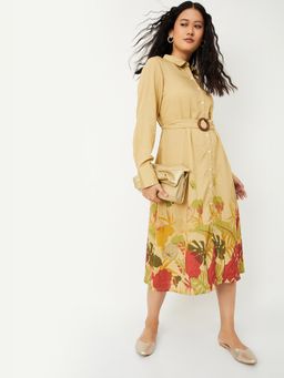 max - Women Floral Print Shirt Midi Dress with Belt
