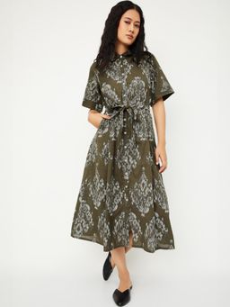 max - Women Printed Shirt Midi Dress with Belt