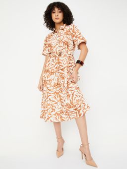 max - Women Printed Belted Midi Dress with Belt