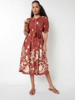 max - Women Printed A-Line Midi Dress with Belt