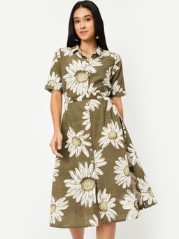 max - Women Printed A-Line Midi Dress with Belt
