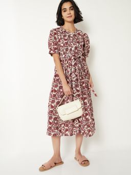 max - Women Printed A-Line Midi Dress with Belt