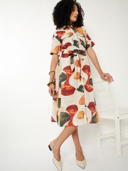 max - Women Printed Shirt Midi Dress with Belt