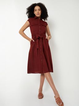 max - Women Solid Shirt Midi Dress with Belt