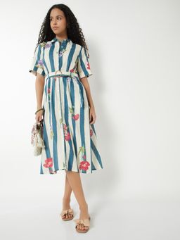 max - Women Printed Belted A-Line Shirt Midi Dress with Belt