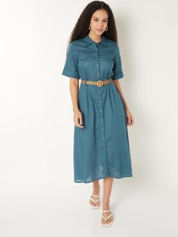 max - Women Solid Shirt Midi Dress with Belt