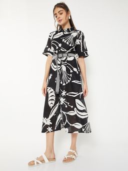 max - Women Printed Shirt Midi Dress with Belt