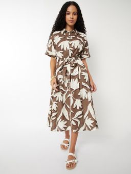 max - Women Floral Print Belted Shirt Midi Dress