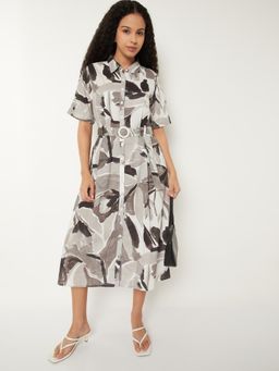 max - Women Printed Shirt Midi Dress with Belt