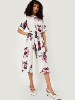 max - Women Floral Print Shirt Midi Dress with Belt