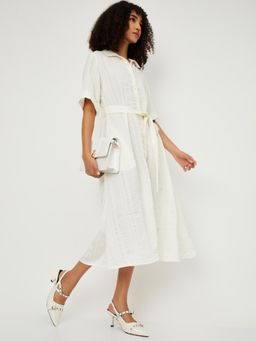 max - Women Textured Shirt Midi Dress with Belt
