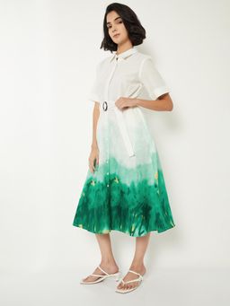 max - Women Printed Shirt Midi Dress with Belt