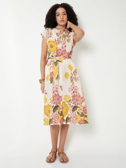 max - Women Floral Print Shirt Midi Dress with Belt