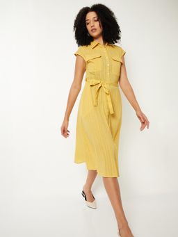 max - Women Striped Shirt Midi Dress with Belt